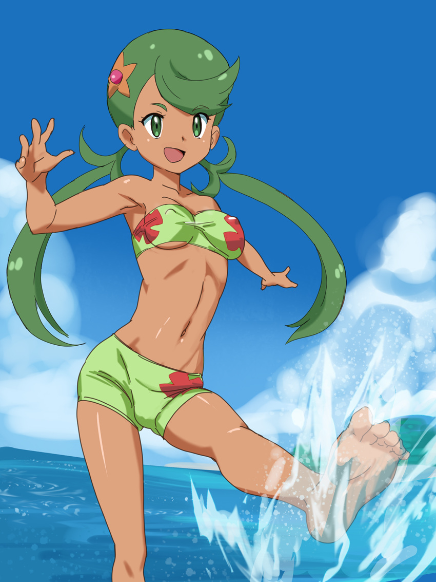 bandeau barefoot bikini_shorts breasts cloud dark_skin day feet green_eyes green_hair highres long_hair mao_(pokemon) navel ontaros open_mouth pokemon pokemon_(anime) pokemon_sm_(anime) shorts sky small_breasts solo splashing standing swimsuit trial_captain twintails underboob wading water