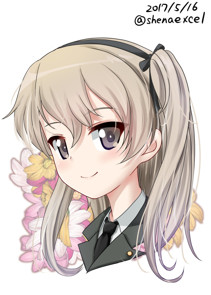 bangs black_jacket black_neckwear black_ribbon brown_eyes closed_mouth commentary_request cropped_neck dated dress_shirt excel_(shena) eyebrows_visible_through_hair face floral_background girls_und_panzer hair_ribbon highres jacket light_brown_hair long_hair looking_at_viewer military military_uniform necktie ribbon selection_university_military_uniform shimada_arisu shirt side_ponytail smile solo twitter_username uniform white_background wing_collar