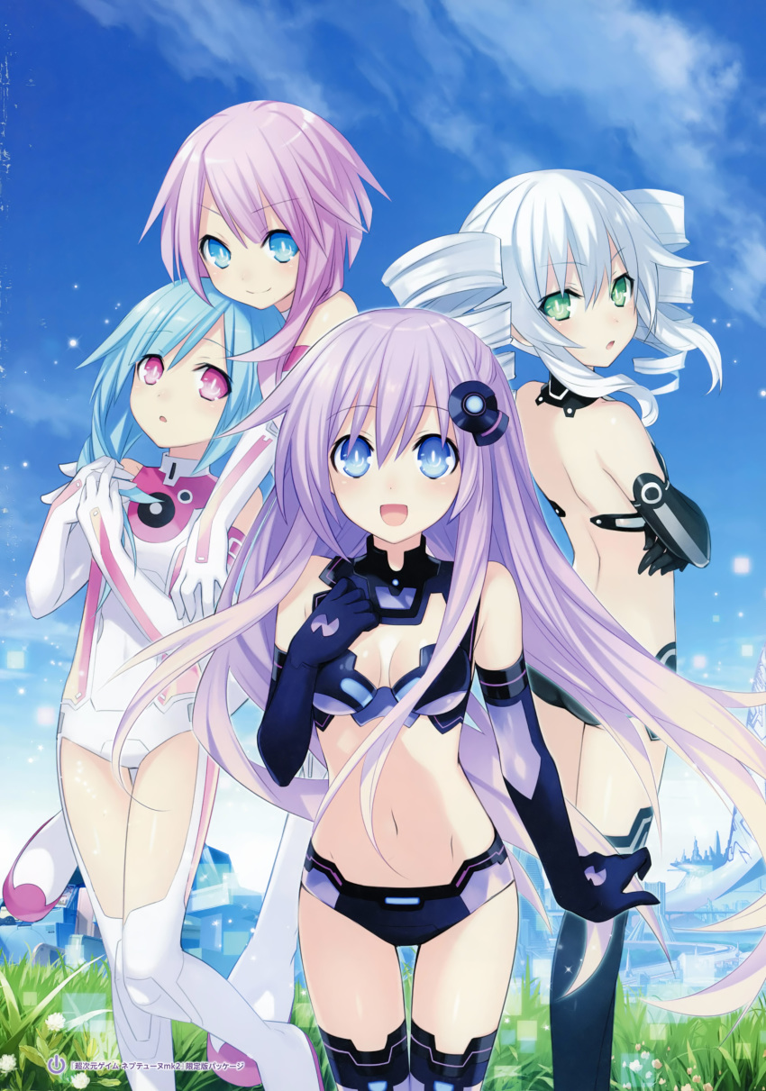 :d :o absurdres back bare_shoulders black_gloves black_sister blue_eyes blue_hair blush boots breasts building bustier choujigen_game_neptune_mk2 cleavage cleavage_cutout cloud day drill_hair elbow_gloves emblem flower gloves gradient_hair grass green_eyes hair_ornament hand_on_own_chest hands_together highres leotard light_particles long_hair looking_at_viewer looking_back medium_breasts midriff multicolored_hair multiple_girls navel nepgear neptune_(series) non-web_source official_art open_mouth outdoors pink_eyes pink_hair power_symbol purple_hair purple_sister revealing_clothes scan smile standing symbol-shaped_pupils thigh_gap thighhighs tsunako twin_drills white_gloves white_hair white_sister_ram white_sister_rom