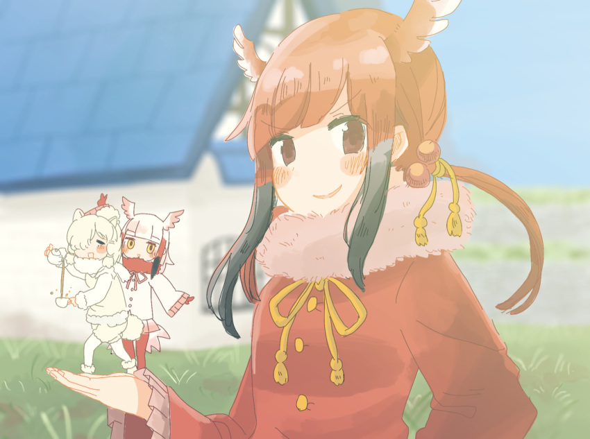 alpaca_ears alpaca_suri_(kemono_friends) alpaca_tail animal_ears arm_up bangs bird_tail bird_wings black_hair blonde_hair blunt_bangs blurry blurry_background blush_stickers buttons closed_eyes cup day decantering depth_of_field eyebrows_visible_through_hair forced_perspective fur-trimmed_sleeves fur_collar fur_scarf fur_trim gloves grass hair_bobbles hair_ornament hair_over_one_eye hand_up hands_up hasu_(zatsugami) head_wings holding holding_cup holding_teapot japanese_crested_ibis_(kemono_friends) kemono_friends long_hair long_sleeves looking_at_viewer multicolored_hair multiple_girls no_nose open_mouth optical_illusion outdoors outstretched_arm pantyhose pantyhose_under_shorts parted_lips pink_hair ponytail pouring red_gloves red_hair red_legwear red_skirt scarf scarlet_ibis_(kemono_friends) shirt shorts skirt smile tail tea teapot v white_hair white_legwear wide_sleeves wings yellow_eyes