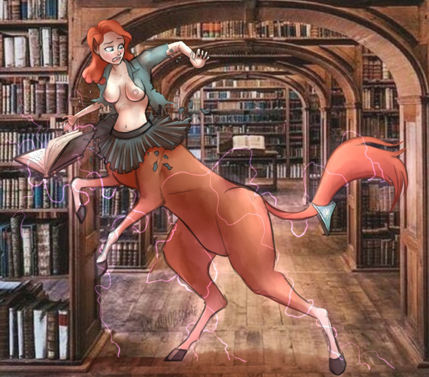 2017 beingobscene book breasts centaur clothing confusion equine equine_taur female freckles hair library mammal navel nipples open_mouth panties photo_background red_hair shirt solo taur torn_clothing transformation underwear