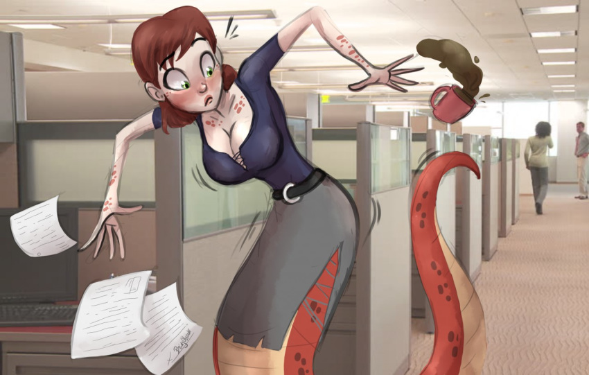 2017 beingobscene beverage big_breasts blush breast_expansion breasts brown_hair clothing coffee female green_eyes hair lamia office paper photo_background reptile scalie shirt short_hair skirt snake solo surprise transformation