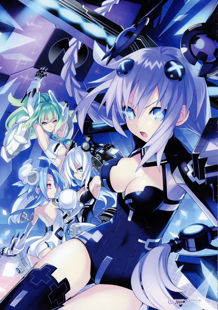 absurdres arms_up ass bangs black_heart blue_hair bodysuit braid breasts choujigen_game_neptune claws cleavage cleavage_cutout elbow_gloves eyebrows_visible_through_hair flat_chest gloves green_hair green_heart hair_ornament highres holding holding_sword holding_weapon large_breasts long_hair looking_at_viewer looking_back multiple_girls neptune_(series) official_art open_mouth ponytail power_symbol purple_eyes purple_hair purple_heart red_eyes scan simple_background sleeveless smile sword symbol-shaped_pupils thighhighs tsunako twin_braids twintails underboob weapon white_hair white_heart