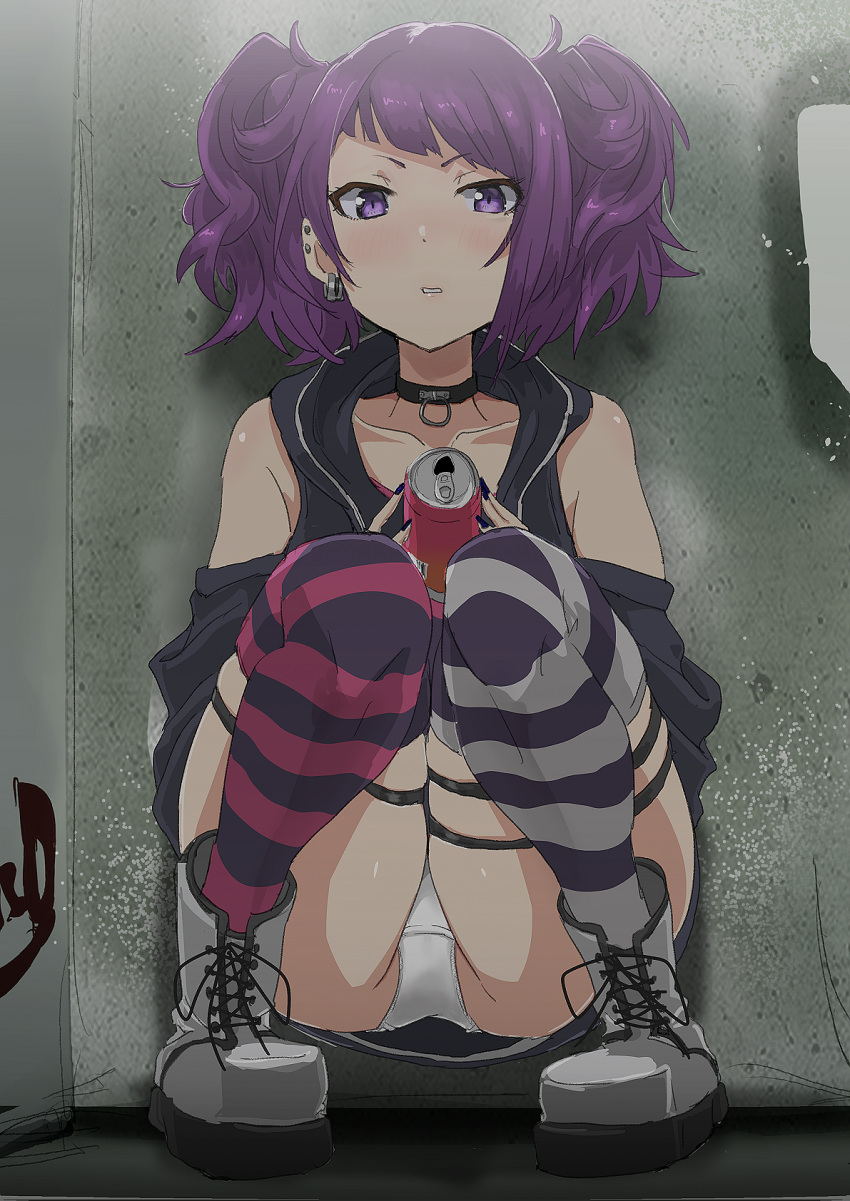 against_wall bangs black_choker blush body_blush boots can choker commentary cross-laced_footwear diagonal_bangs ear_piercing earrings highres idolmaster idolmaster_shiny_colors jewelry lace-up_boots looking_at_viewer medium_hair mismatched_legwear nail_polish panties pantyshot pantyshot_(squatting) piercing platform_boots purple_eyes purple_hair purple_nails short_eyebrows short_twintails sleeveless solo squatting striped striped_legwear stud_earrings tanaka_mamimi thigh_strap thighhighs twintails underwear white_footwear white_panties zonbaio