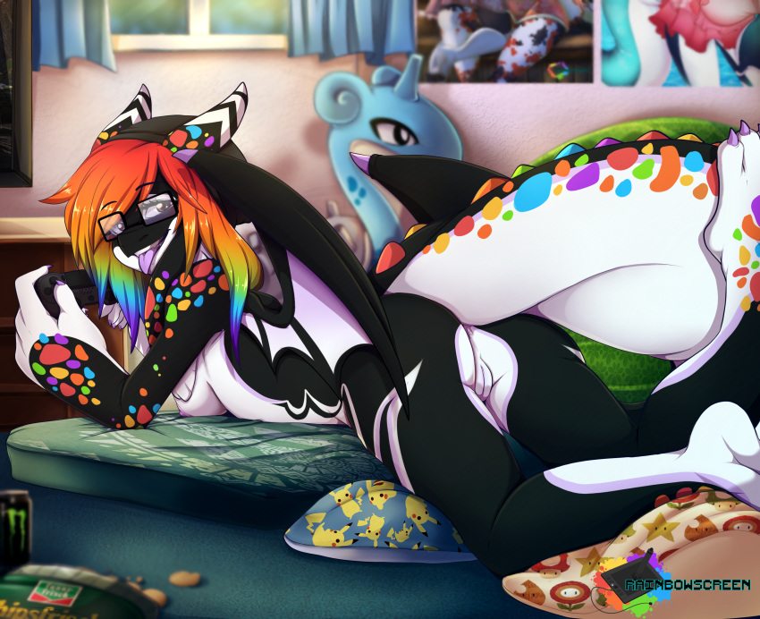2018 anthro anus bed bedroom breasts cetacean claws controller digital_media_(artwork) dragon eyewear female game_controller gaming glasses hair hi_res hybris inside jojo_(rainbowscreen) lapras lying mammal marine membranous_wings multicolored_hair nintendo on_bed on_front orca playing_videogame pok&eacute;mon pok&eacute;mon_(species) pussy rainbow_hair rainbowscreen side_boob solo toe_claws tongue tongue_out video_games whale wings