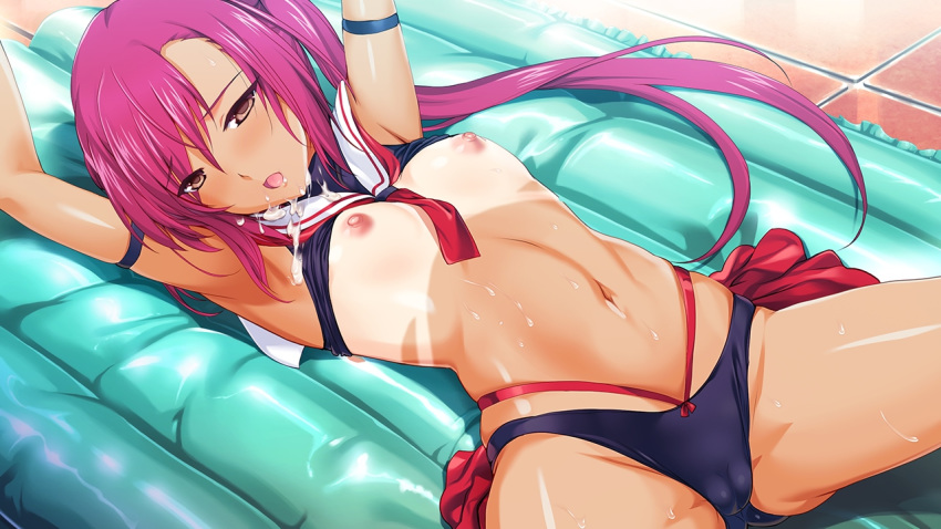 arm_strap arms_up bikini bikini_tan blush brown_eyes cameltoe choukou_shinki_ixseal cum cum_on_body cum_on_upper_body flat_chest game_cg houshou_kirika long_hair lying navel nipples official_art on_back onigirikun open_mouth red_hair solo sweat swimsuit tan tanline