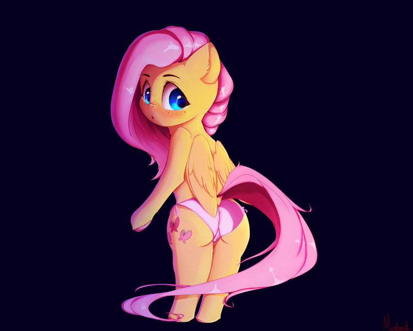 2018 bikini bikini_bottom butt camel_toe clothing cutie_mark digital_media_(artwork) equine feathered_wings feathers female fluttershy_(mlp) freckles friendship_is_magic hair hi_res long_hair mammal miokomata my_little_pony pegasus pussy_juice simple_background solo swimsuit wings