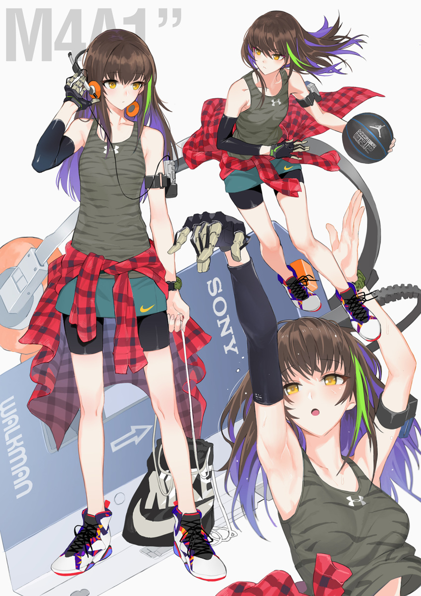 aqua_skirt armband armpits arms_up bag ball bangs bare_shoulders basketball basketball_uniform bike_shorts black_bra black_shorts blush bra breasts brown_eyes brown_hair camouflage_tank_top character_name closed_mouth clothes_around_waist clothes_pull collarbone commentary cross-laced_footwear eyebrows_visible_through_hair fashion floating_hair girls_frontline gloves green_hair hair_between_eyes half-closed_eyes hand_in_pocket headphones highres holding holding_ball holding_strap jacket ladic long_hair long_sleeves looking_away m4a1_(girls_frontline) miniskirt multicolored_hair multiple_views nike no_socks open_mouth plaid plaid_shirt product_placement purple_hair running shirt shirt_around_waist shirt_lift shoes shorts side_ponytail sidelocks simple_background single_glove skirt small_breasts sneakers sony sports_bag sportswear strap streaked_hair sweat sweatdrop tank_top thighs under_armour underwear walkman white_background wristband