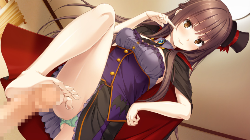 1girl barefoot blush brown_eyes brown_hair cape feet finger_to_face footjob green_panties hand_on_hip long_hair looking_at_viewer one_leg_raised pantyshot pov soles toes upskirt