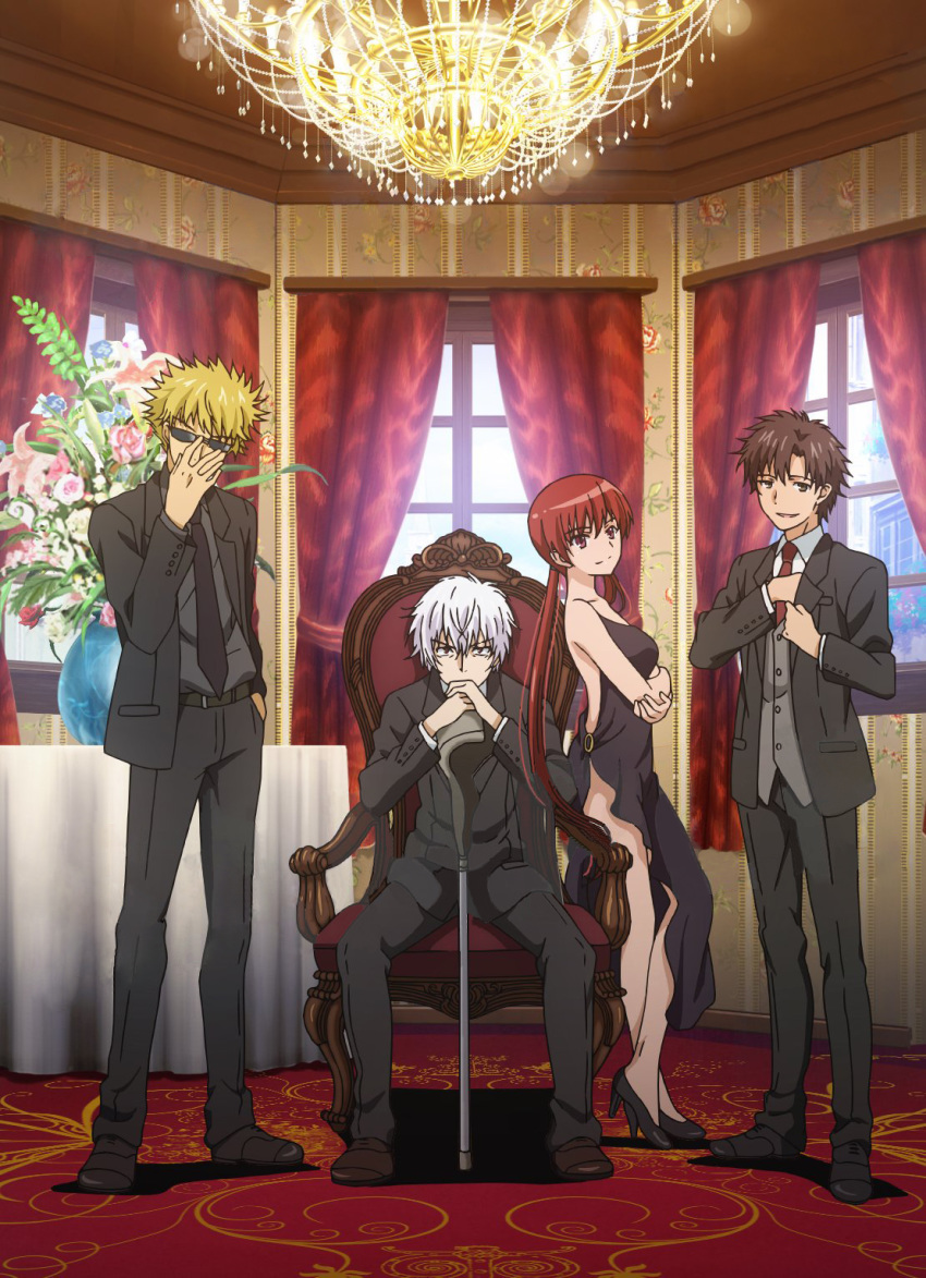 1girl 3boys accelerator black_dress blonde_hair brown_eyes brown_hair dress etzali long_hair multiple_boys musujime_awaki official_art red_hair suit sunglasses to_aru_majutsu_no_index tsuchimikado_motoharu white_hair