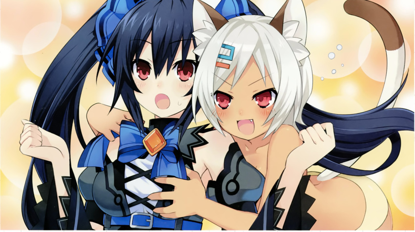 absurdres animal_ears bare_shoulders black_hair blush breasts brown_hair cat_ears chou_megami_shinkou_noire_gekishin_black_heart game_cg garter_straps hair_ornament highres long_hair manamitsu medium_breasts moruu multiple_girls neptune_(series) noire official_art open_mouth red_eyes ribbon short_hair smile tail twintails white_hair