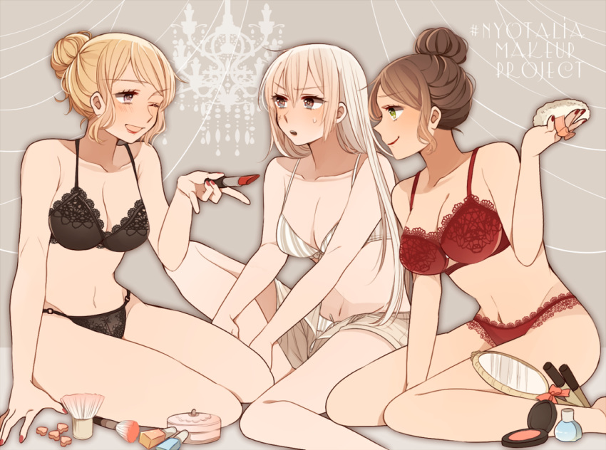 arm_support axis_powers_hetalia bangs black_bra black_panties blonde_hair blue_eyes bow bow_bra bow_panties bra breasts brown_bra brown_hair brown_panties brown_shorts brush chandelier cleavage closed_mouth english eyebrows_visible_through_hair facial_scar france_(hetalia) frown genderswap genderswap_(mtf) green_eyes hair_bun hand_mirror hashtag heart holding lace lace-trimmed_bra leaning_forward leg_hug lipstick long_hair looking_at_another makeup medium_breasts mirror multiple_girls nail_polish navel ninonuko one_eye_closed open_mouth panties prussia_(hetalia) purple_eyes red_bra red_lipstick red_nails red_panties scar scar_on_cheek short_hair short_shorts shorts sitting smile spain_(hetalia) string_panties striped sweatdrop swept_bangs underwear underwear_only unzipped vertical-striped_bra vertical-striped_panties vertical_stripes wariza white_hair yokozuwari