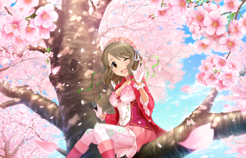 black_eyes blush brown_hair dress gloves idolmaster idolmaster_cinderella_girls idolmaster_cinderella_girls_starlight_stage sakura short_hair sky smile tsukimiya_miyabi wink