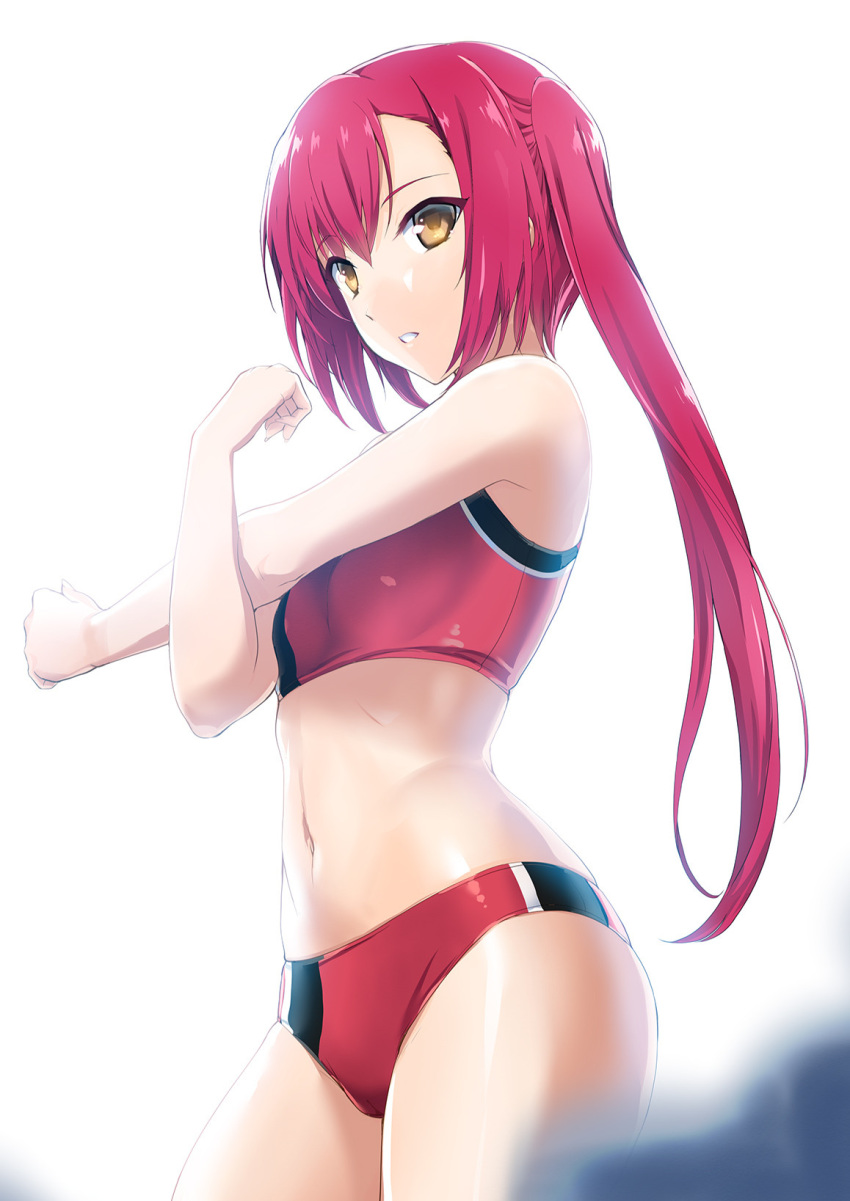 bra brown_eyes buruma choukou_shinki_ixseal cowboy_shot hair_between_eyes highres houshou_kirika long_hair midriff navel onigirikun parted_lips red_bra red_buruma red_hair shiny shiny_clothes shiny_skin side_ponytail simple_background solo sports_bra standing stomach stretch underwear very_long_hair white_background