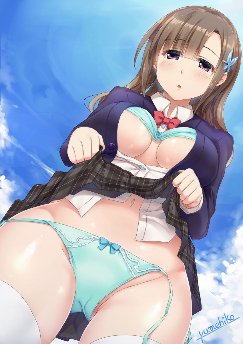 :o aqua_bra aqua_panties ass_visible_through_thighs asymmetrical_bangs bangs blazer blue_jacket blush bow bow_bra bow_panties bra bra_lift breasts brown_hair circle_name cloud cloudy_sky day dutch_angle eyebrows_visible_through_hair from_below grey_skirt hair_ornament hairclip highres jacket lifted_by_self medium_breasts navel necktie open_clothes open_shirt original outdoors panties parted_lips purple_eyes red_neckwear school_uniform side-tie_panties signature skirt skirt_lift sky sorano_(12gou) thighhighs underwear uniform untied untied_panties white_legwear wing_collar yumehiko