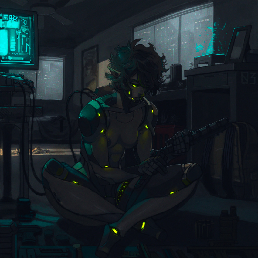 arthur_asa backpack bag bed breasts brown_hair ceiling_fan charging commission cyborg dark_skin elf glowing glowing_eyes gun highres hologram indian_style monitor neon_trim nipples nude original pointy_ears prosthesis prosthetic_arm science_fiction screen_light short_hair sitting small_breasts table technology weapon wire