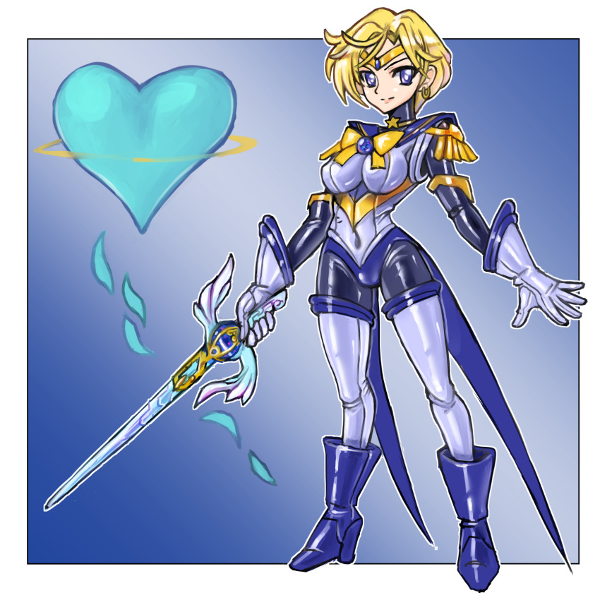 alternate_costume ankle_boots bangs bishoujo_senshi_sailor_moon blonde_hair blue blue_background blue_bodysuit blue_eyes blue_footwear blue_gloves blue_sailor_collar bodysuit boots bow brooch circlet closed_mouth full_body gloves heart highres holding holding_sword holding_weapon jewelry looking_at_viewer magical_girl oomasa_teikoku parted_bangs sailor_collar sailor_uranus shiny short_hair simple_background skin_tight smile solo space_sword standing sword ten'ou_haruka very_short_hair weapon yellow_bow