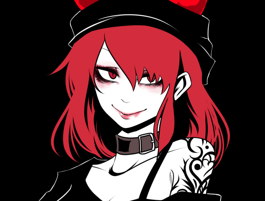 black_background closed_mouth collar eyelashes flat_color hecatia_lapislazuli lips lipstick looking_at_viewer makeup off-shoulder_shirt polos_crown red_eyes red_hair red_lips red_lipstick sei_no_ji shirt simple_background smile solo tattoo touhou upper_body