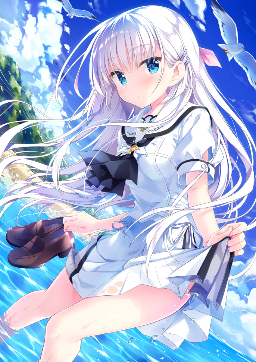 bird blue_eyes blush commentary_request expressionless eyebrows_visible_through_hair hair_ornament hairclip highres holding holding_shoes kimishima_ao long_hair looking_at_viewer mary_janes naruse_shiroha pleated_skirt sailor_collar school_uniform shoes skirt skirt_hold sky sparkle summer_pockets water water_drop white_hair