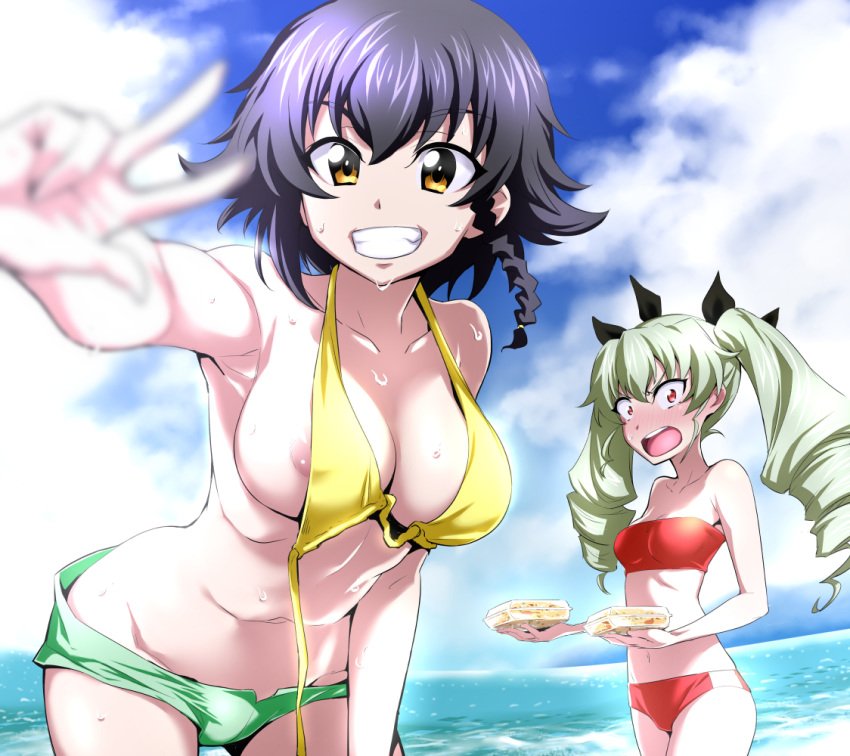 :d anchovy areola_slip areolae armpits bangs bare_legs bare_shoulders bikini black_hair black_ribbon blurry blurry_background blush box breasts brown_eyes cleavage cloud cloudy_sky collarbone cowboy_shot day depth_of_field drill_hair eyebrows_visible_through_hair food foreshortening girls_und_panzer green_shorts grin hair_ribbon halterneck holding holding_box horizon large_breasts leaning_forward looking_at_viewer medium_breasts multiple_girls nakahira_guy navel nose_blush ocean open_mouth outstretched_arm pepperoni_(girls_und_panzer) red_bikini red_eyes ribbon round_teeth shiny shiny_hair short_hair short_shorts shorts side_slit sky smile standing stomach strapless strapless_bikini surprised sweat swimsuit teeth twin_drills twintails untied untied_bikini v-shaped_eyebrows water wide-eyed yellow_bikini_top