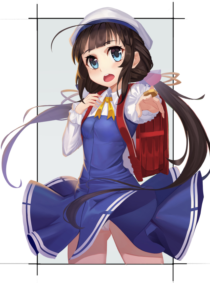 absurdres ahoge ass_visible_through_thighs backpack bag bangs beret between_fingers blue_dress blue_eyes blush board_game breasts brown_hair dress eyebrows_visible_through_hair gaoyang_ou_nisang hat head_tilt highres hinatsuru_ai holding long_hair long_sleeves looking_at_viewer low_twintails open_mouth outstretched_arm panties puffy_short_sleeves puffy_sleeves randoseru ryuuou_no_oshigoto! school_uniform short_over_long_sleeves short_sleeves shougi sidelocks small_breasts solo twintails underwear upper_teeth very_long_hair white_hat white_panties