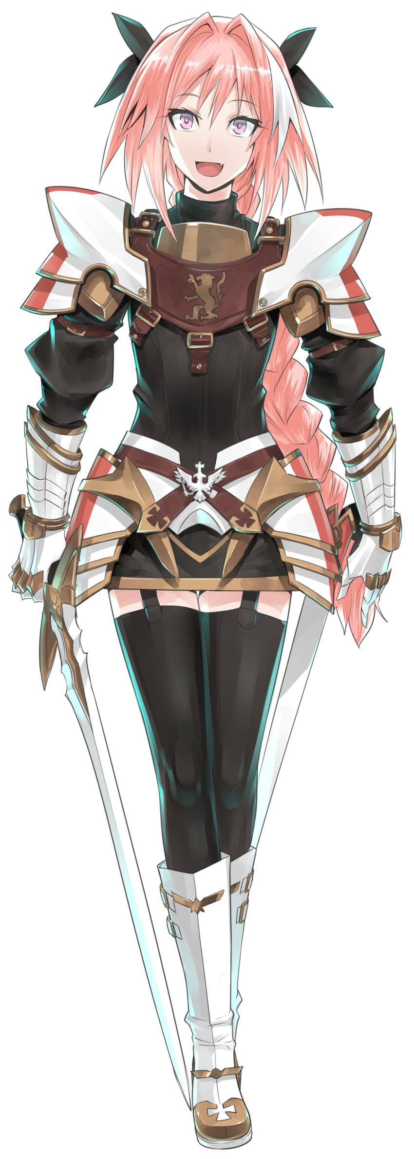 :d absurdres arm_strap astolfo_(fate) bangs big_hair black_bow black_gloves black_legwear black_shirt black_skirt boots bow braid buckle check_commentary commentary_request emblem eyebrows_visible_through_hair fang fate/apocrypha fate_(series) faulds full_body garter_straps gauntlets gloves gold_trim gorget hair_between_eyes hair_bow hair_intakes highres holding holding_sword holding_weapon ippo knee_boots long_hair long_sleeves looking_at_viewer male_focus miniskirt multicolored_hair open_mouth otoko_no_ko pink_hair puffy_long_sleeves puffy_sleeves purple_eyes shirt shoulder_armor simple_background single_braid skirt smile solo spaulders standing streaked_hair sword thigh_gap thighhighs turtleneck two-tone_hair very_long_hair weapon white_background white_footwear white_hair zettai_ryouiki