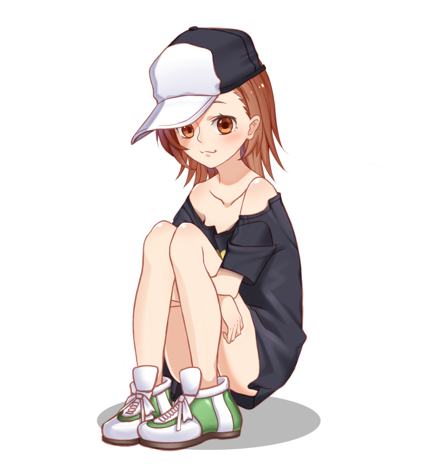 :3 absurdres bare_legs black_shirt blush bottomless brown_eyes brown_hair commentary_request cosplay full_body hat highres keng_youlei knees_up last_order leg_hug looking_at_viewer misaka_mikoto misaka_mikoto_(cosplay) off_shoulder oversized_clothes oversized_shirt shirt shirt_pull shoes short_hair simple_background sitting smile sneakers solo to_aru_kagaku_no_railgun_s to_aru_majutsu_no_index white_background