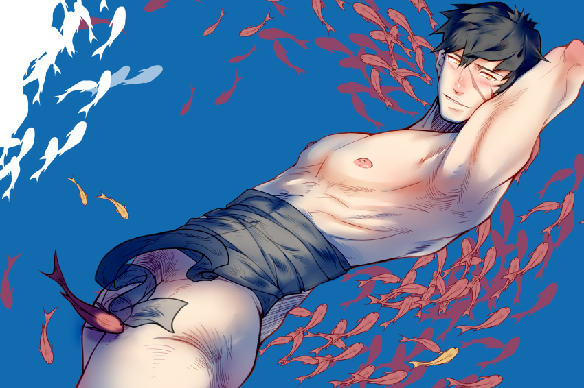 1boy armpit blush fish flaccid male_focus muscle nude penis presenting pubic_hair scar smile solo touken_ranbu