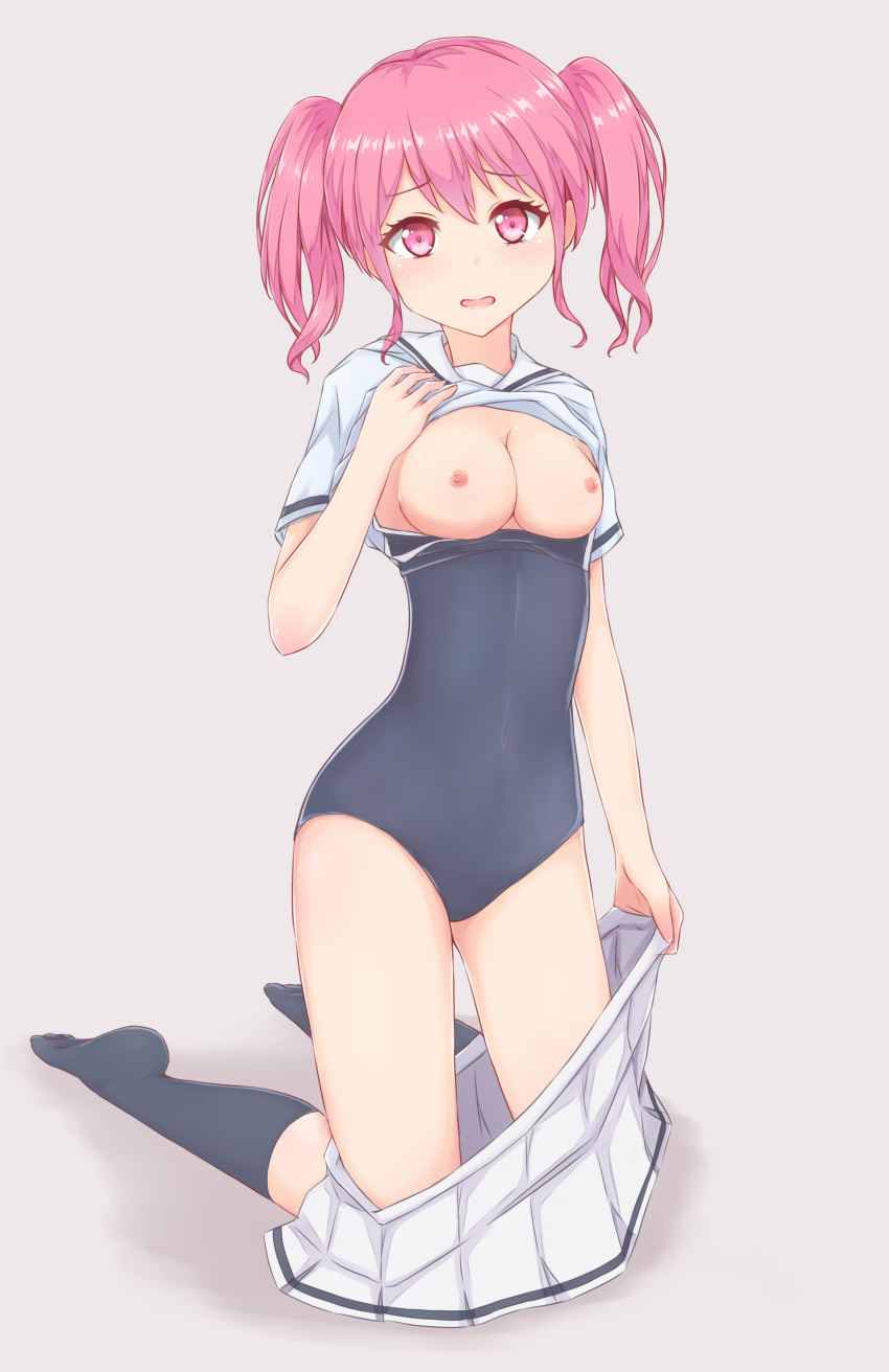 absurdres azusa_(sukumizuya) bang_dream! black_legwear breasts commentary_request competition_school_swimsuit grey_legwear hanasakigawa_school_uniform highres kneeling lifted_by_self looking_at_viewer maruyama_aya medium_breasts nipples one-piece_swimsuit open_mouth pink_eyes pink_hair pleated_skirt school_swimsuit school_uniform serafuku shirt_lift short_hair simple_background skirt socks solo swimsuit swimsuit_pull twintails undressing white_skirt