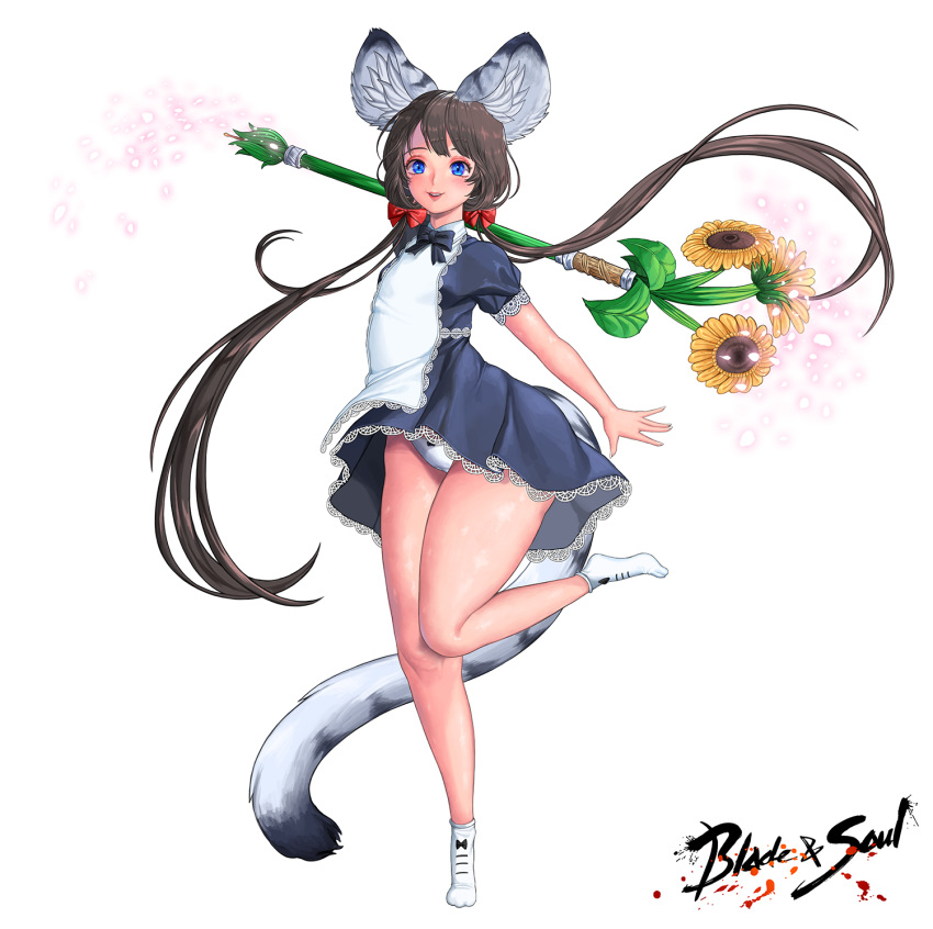 animal_ears apron blade_&amp;_soul blue_dress blue_eyes brown_hair copyright_name dress flower highres kirei_kotoba leg_lift long_hair low_twintails lyn_(blade_&amp;_soul) panties ribbon short_dress smile socks solo staff standing standing_on_one_leg sunflower tail thighs tiger_ears tiger_tail tiptoes twintails underwear very_long_hair white_footwear white_panties wind wind_lift