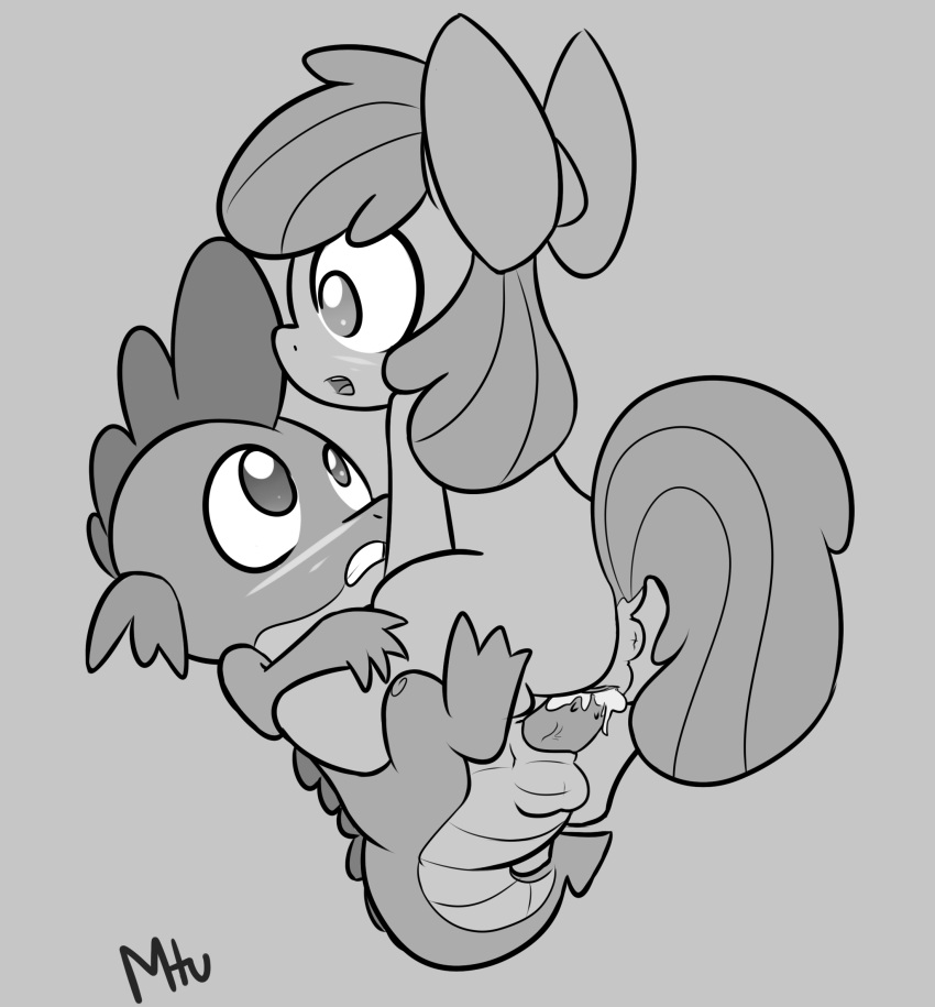 2013 anus apple_bloom_(mlp) balls cub cum cum_in_pussy cum_inside dragon duo earth_pony equine erection female feral friendship_is_magic greyscale hair_bow hair_ribbon hi_res horse interspecies male male/female male_penetrating mammal miketheuser monochrome my_little_pony open_mouth penetration penis pony pussy ribbons scalie sex spike_(mlp) vaginal vaginal_penetration young