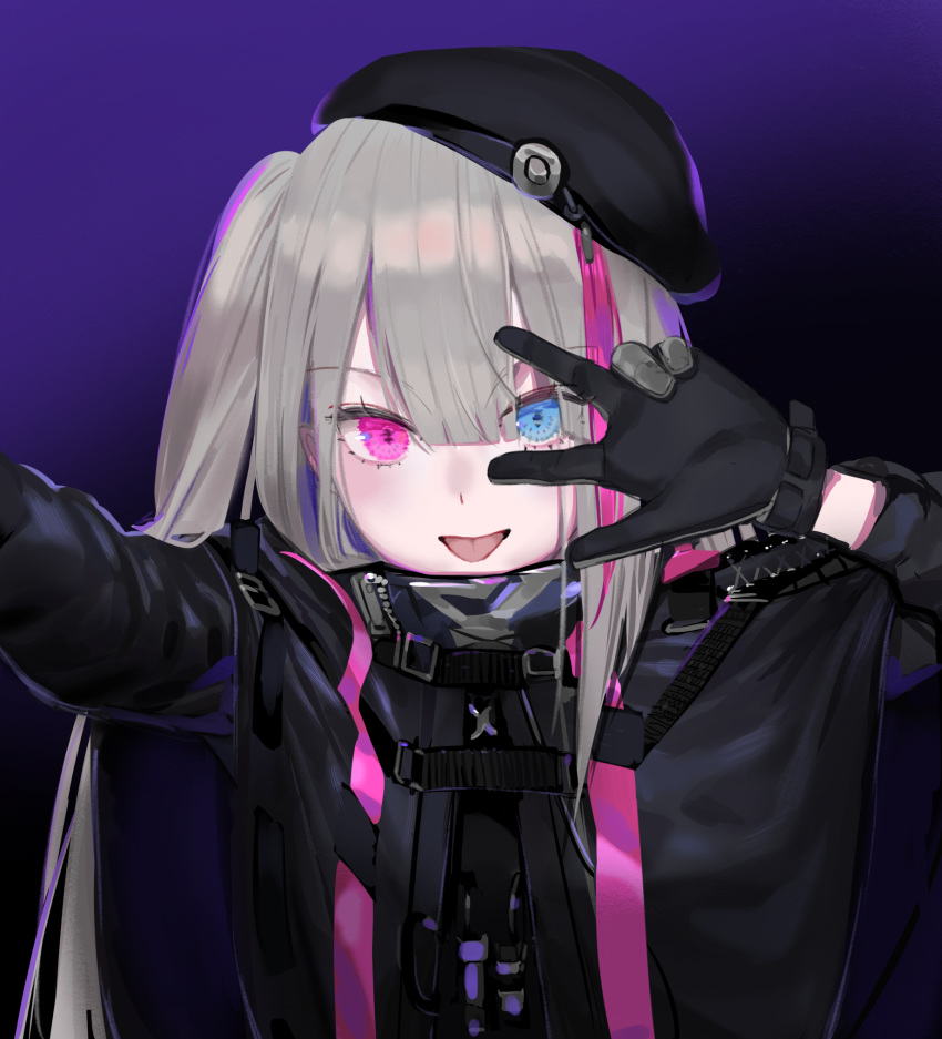 :p arm_up bangs beret black_gloves black_hat blue_eyes blunt_bangs buckle commentary eyebrows_visible_through_hair girls_frontline gloves gradient gradient_background grey_hair hair_between_eyes hat heterochromia highres jacket long_hair long_sleeves looking_at_viewer mdr_(girls_frontline) multicolored_hair one_side_up open_clothes open_jacket open_mouth pink_eyes pink_hair purple_background reaching_out self_shot shatte shiny shiny_hair side_ponytail sidelocks smile solo strap streaked_hair tongue tongue_out upper_body w w_over_eye
