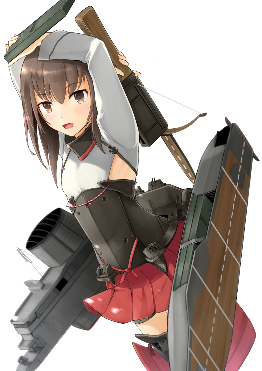 bike_shorts boots bow_(weapon) brown_eyes brown_hair crossbow flat_chest flight_deck hair_between_eyes hakama hakama_skirt headband headgear highres holding holding_bow_(weapon) holding_weapon japanese_clothes kantai_collection machinery namae_hamada open_mouth pleated_skirt red_hakama rigging short_hair simple_background skirt solo standing taihou_(kantai_collection) thigh_boots thighhighs weapon white_background