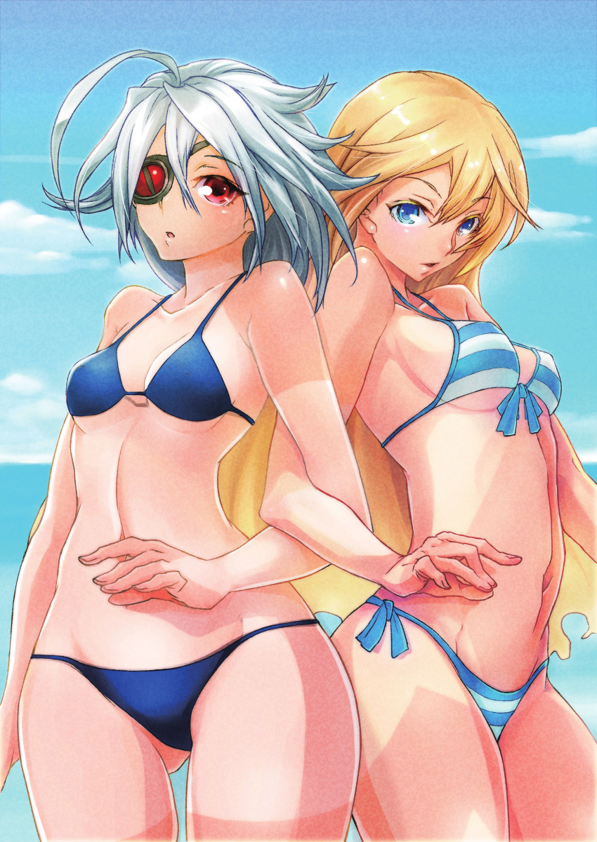 :o absurdres ahoge artist_request back-to-back bangs bare_shoulders bikini blazblue blonde_hair blue_bikini blue_eyes breasts cowboy_shot day eyepatch flipped_hair front-tie_bikini front-tie_top groin hair_between_eyes highres huge_ahoge large_breasts locked_arms logo long_hair looking_at_viewer lowleg lowleg_bikini mu-12 multiple_girls navel noel_vermillion non-web_source nu-13 ocean official_art one-piece_tan open_mouth outdoors red_eyes short_hair side-tie_bikini sideboob silver_hair sky small_breasts standing strap_gap string_bikini striped striped_bikini striped_swimsuit swimsuit tan tanline thighs underboob very_long_hair water white_bikini wide_hips