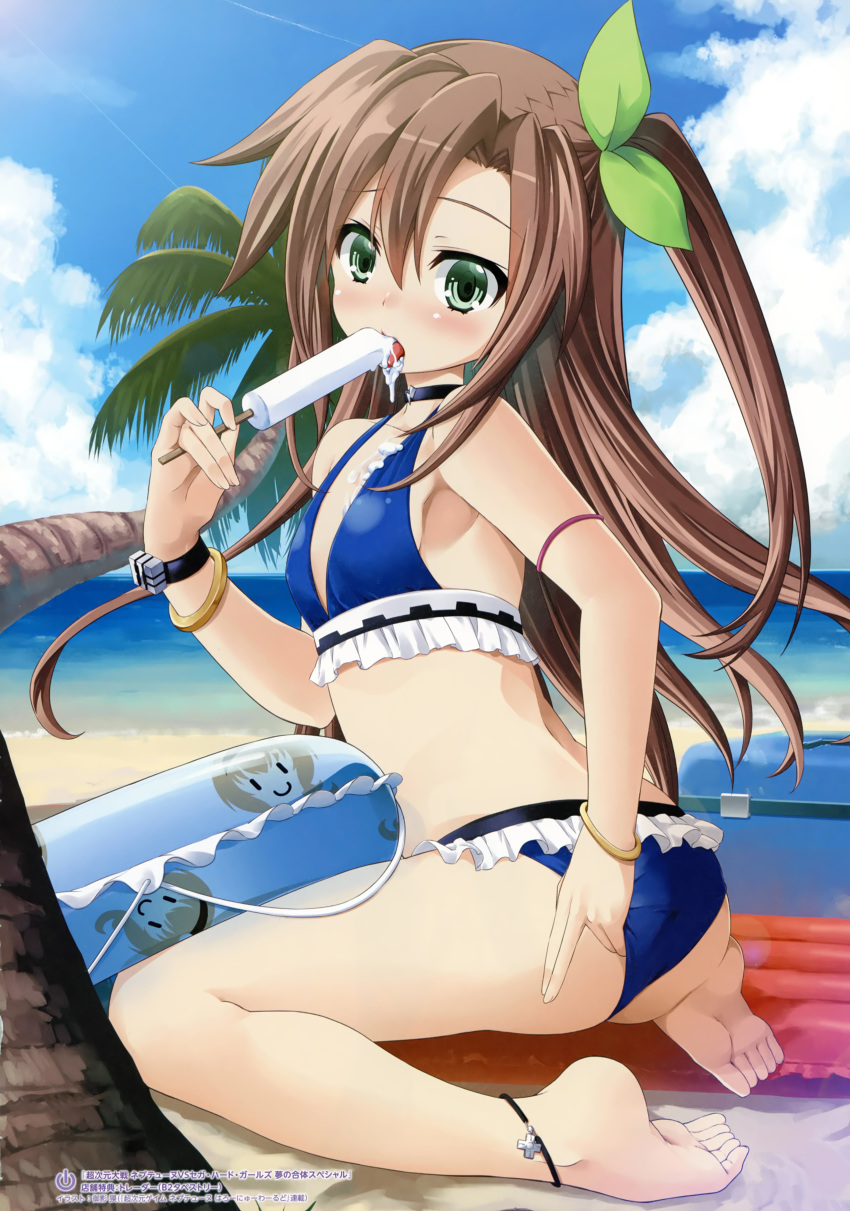 absurdres adjusting_clothes adjusting_swimsuit anklet arm_strap back bangs barefoot beach bikini blue_bikini blue_innertube blush bracelet breasts choujigen_taisen_neptune_vs_sega_hard_girls cloud compa condensation_trail cooler d-pad day dripping eating eyebrows_visible_through_hair feet food food_on_body food_on_clothes food_on_face frilled_bikini frills from_side full_body green_eyes green_ribbon grey_hair hair_between_eyes hair_ribbon hand_up highres holding holding_food ice_cream if_(choujigen_game_neptune) inflatable_raft innertube jewelry leaning_forward legs licking long_hair looking_at_viewer looking_back looking_to_the_side mikage_baku neptune_(series) non-web_source ocean official_art on_ground one_side_up open_mouth outdoors palm_tree popsicle power_symbol raised_eyebrows ribbon saliva sand scan sexually_suggestive sidelocks sitting sky small_breasts soles solo swimsuit toes tongue tongue_out tree wariza
