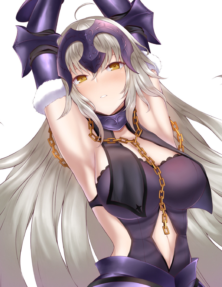 ahoge armor armored_collar armpits arms_up bangs breasts chain commentary_request fate/grand_order fate_(series) fur_trim gauntlets gold_chain headpiece highres jeanne_d'arc_(alter)_(fate) jeanne_d'arc_(fate)_(all) large_breasts light_blush long_hair looking_at_viewer navel navel_cutout numaguro_(tomokun0808) parted_lips revealing_clothes silver_hair simple_background solo upper_body very_long_hair white_background yellow_eyes