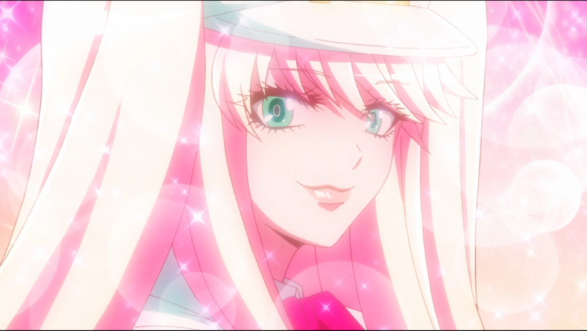 1boy androgynous aqua_eyes bangs blonde_hair bow bust close-up crossdressing eyebrows eyebrows_visible_through_hair eyelashes half-closed_eyes hat lips lipstick long_eyelashes long_hair looking_at_viewer male male_focus nanbaka payot pigtails pink_background pink_lipstick screencap seductive_smile smile sparkle sugoroku_hitoshi suit swept_bangs trap twintails