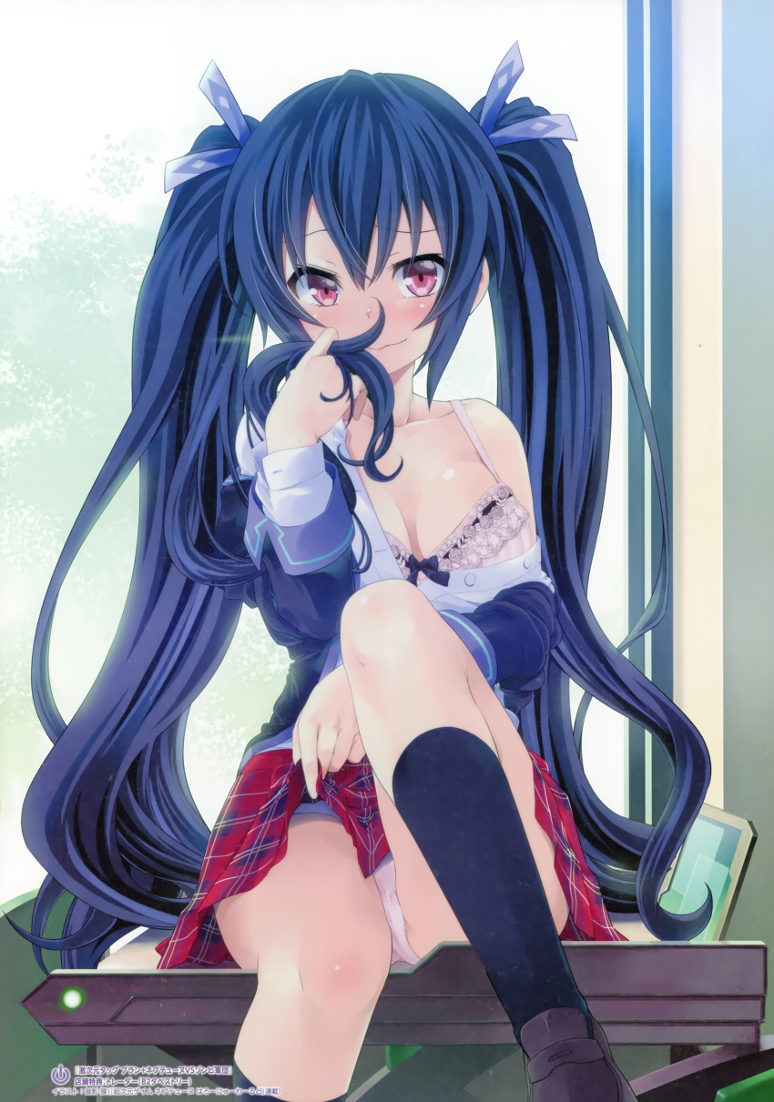 :} absurdres bangs bare_shoulders black_bow black_hair black_jacket black_legwear blazer blue_ribbon blush bow bow_bra bra breasts breasts_apart brown_footwear classroom cleavage closed_mouth collarbone day desk embarrassed floral_print gekijigen_tag:_blanc_+_neptune_vs_zombie_gundan hair_between_eyes hair_ribbon highres holding holding_hair indoors jacket knee_up kneehighs lace lace-trimmed_bra lifted_by_self light_smile loafers long_hair long_sleeves medium_breasts mikage_baku miniskirt monitor neptune_(series) noire non-web_source off_shoulder official_art on_desk open_clothes open_shirt panties pantyshot pantyshot_(sitting) parted_bangs plaid plaid_skirt pleated_skirt power_symbol raised_eyebrows red_eyes red_skirt ribbon rose_print scan school_desk school_uniform shirt shoes sidelocks sitting skirt skirt_lift sleeve_cuffs smile solo thighhighs twintails unbuttoned underwear undressing very_long_hair wavy_mouth white_bra white_panties white_shirt window