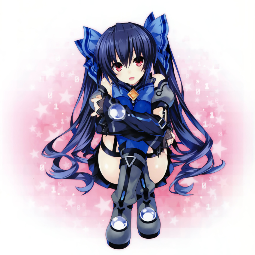 :d absurdres bare_shoulders belt black_hair blush boots bow chou_megami_shinkou_noire_gekishin_black_heart crop_top crossed_legs detached_sleeves garter_straps grey_footwear hair_ribbon highres long_hair looking_at_viewer manamitsu neptune_(series) noire non-web_source number official_art open_mouth outline red_eyes ribbon shirt sitting skirt smile solo star taut_clothes taut_shirt thighhighs twintails very_long_hair