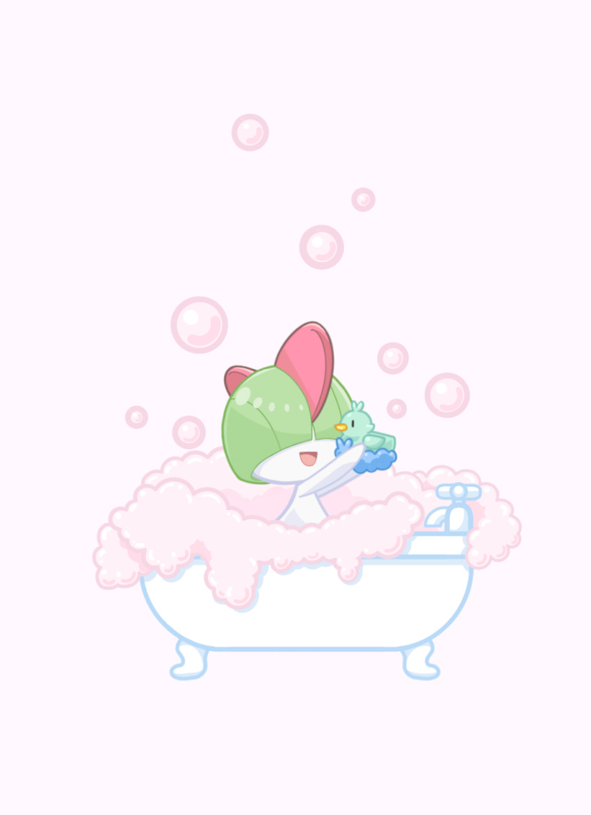 bath bathtub bubble bubble_bath claw_foot_bathtub drawfag ducklett gen_3_pokemon gen_5_pokemon highres no_humans open_mouth pokemon pokemon_(creature) ralts rubber_duck simple_background smile