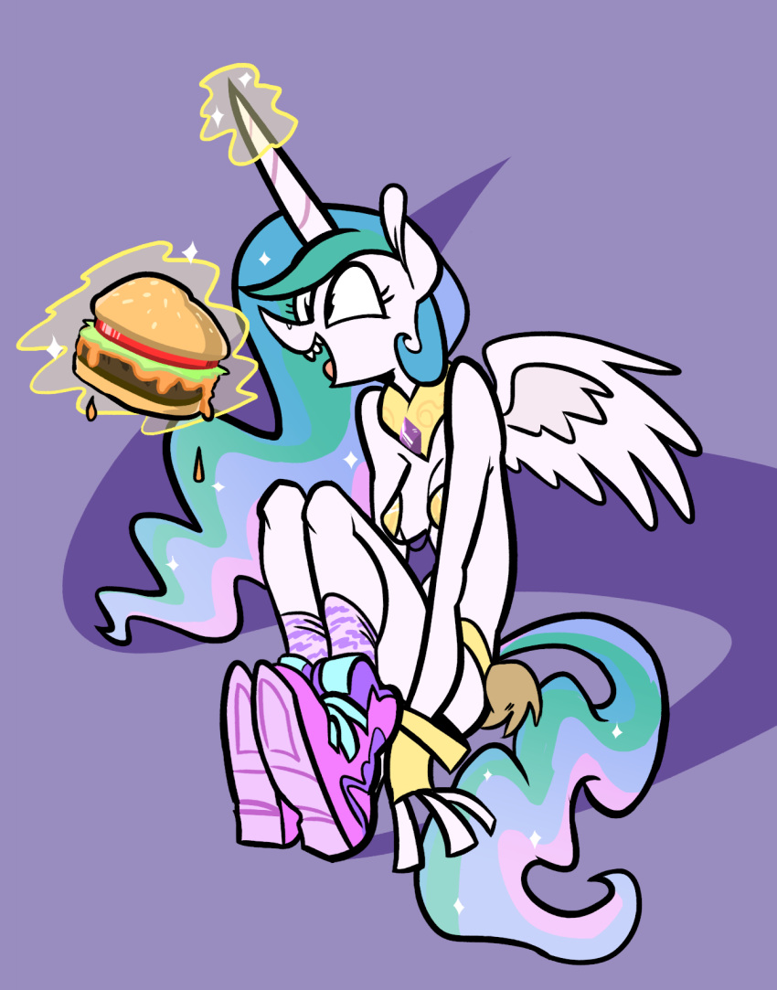 anthro bra burger clothing energyloop equine female food footwear friendship_is_magic hi_res horn legwear magic mammal my_little_pony open_mouth princess_celestia_(mlp) shoes smile socks solo underwear winged_unicorn wings