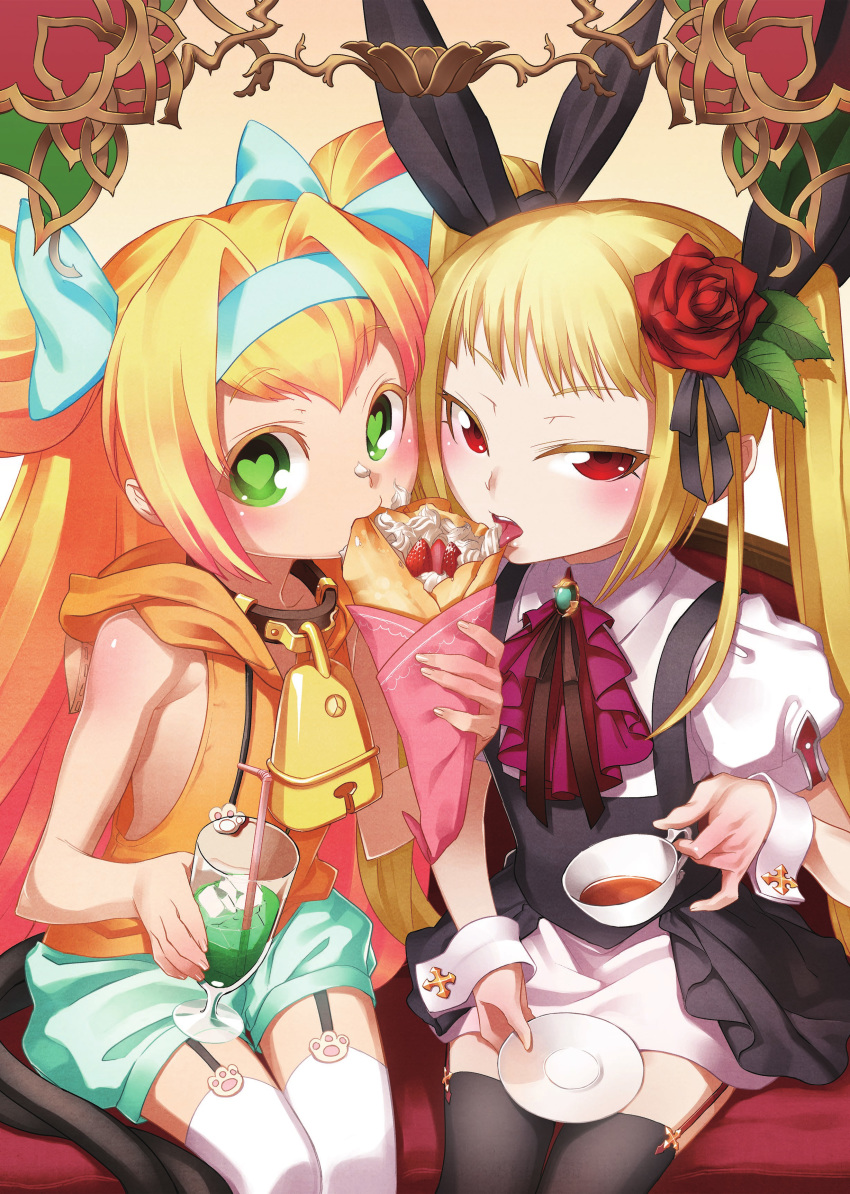 absurdres armpits bare_shoulders bell bell_collar black_legwear blazblue blonde_hair bow collar crepe cup drink flower food garter_straps green_eyes hair_bow hair_flower hair_ornament highres multiple_girls non-web_source official_art platinum_the_trinity rachel_alucard red_bow red_eyes symbol-shaped_pupils tea teacup thighhighs twintails white_legwear wrist_cuffs