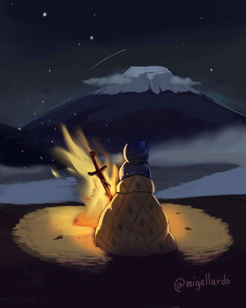 absurdres blanket blue_hair bonfire commentary_request dark_souls_iii facing_away fire from_behind hair_bun highres kion-kun mount_fuji night night_sky planted_sword planted_weapon shima_rin shooting_star sitting sky solo souls_(from_software) sparks star_(sky) starry_sky sword twitter_username weapon yurucamp