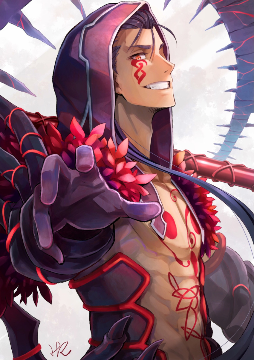 abs bad_id bad_pixiv_id blue_hair chest_tattoo commentary_request cu_chulainn_alter_(fate/grand_order) facial_tattoo fate/grand_order fate_(series) from_side gae_bolg gloves grin highres holding holding_weapon hoshizaki_reita lance lancer long_hair looking_at_viewer looking_to_the_side male_focus polearm purple_gloves red_eyes sharp_teeth signature slit_pupils smile solo tail tattoo teeth upper_body weapon
