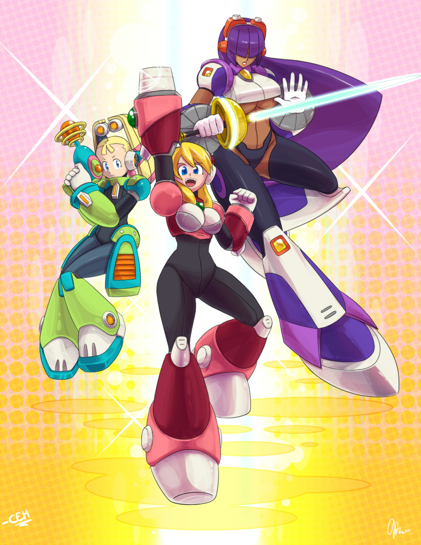 3girls android arm_cannon arm_up bangs blonde_hair blue_eyes bodystocking bodysuit breasts capcom clenched_hand dark_skin fringe gloves hair_over_eyes holding holding_weapon knees_together_feet_appart large_breasts layer lipstick long_hair multiple_girls one_leg_raised open_mouth palette_(rockman) palettre__(rockman_x) purple_hair rapier robot_girl rockman rockman_x rockman_x8 signature smile sprite37 teeth underboob weapon white_gloves