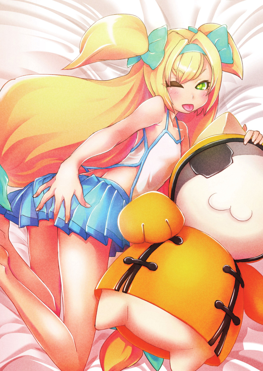 absurdres bare_legs blazblue blonde_hair character_doll green_eyes hair_ribbon hairband heart heart-shaped_pupils highres jubei_(blazblue) long_hair low-tied_long_hair miniskirt non-web_source official_art one_eye_closed platinum_the_trinity pleated_skirt ribbon skirt sleeveless symbol-shaped_pupils tongue tongue_out two_side_up
