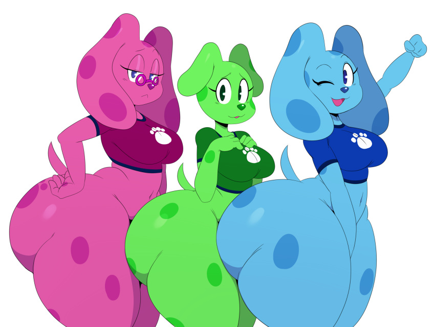 2018 anthro big_butt big_thighs blue's_clues blue_(blue's_clues) blue_eyes bottomless butt canine clothed clothing crop_top digital_media_(artwork) dog eyewear female glasses green_eyes green_puppy group half-closed_eyes hi_res huge_butt huge_hips looking_at_viewer magenta_(blue's_clues) mammal navel one_eye_closed open_mouth shirt simple_background sssonic2 thick_thighs voluptuous white_background wide_hips wink