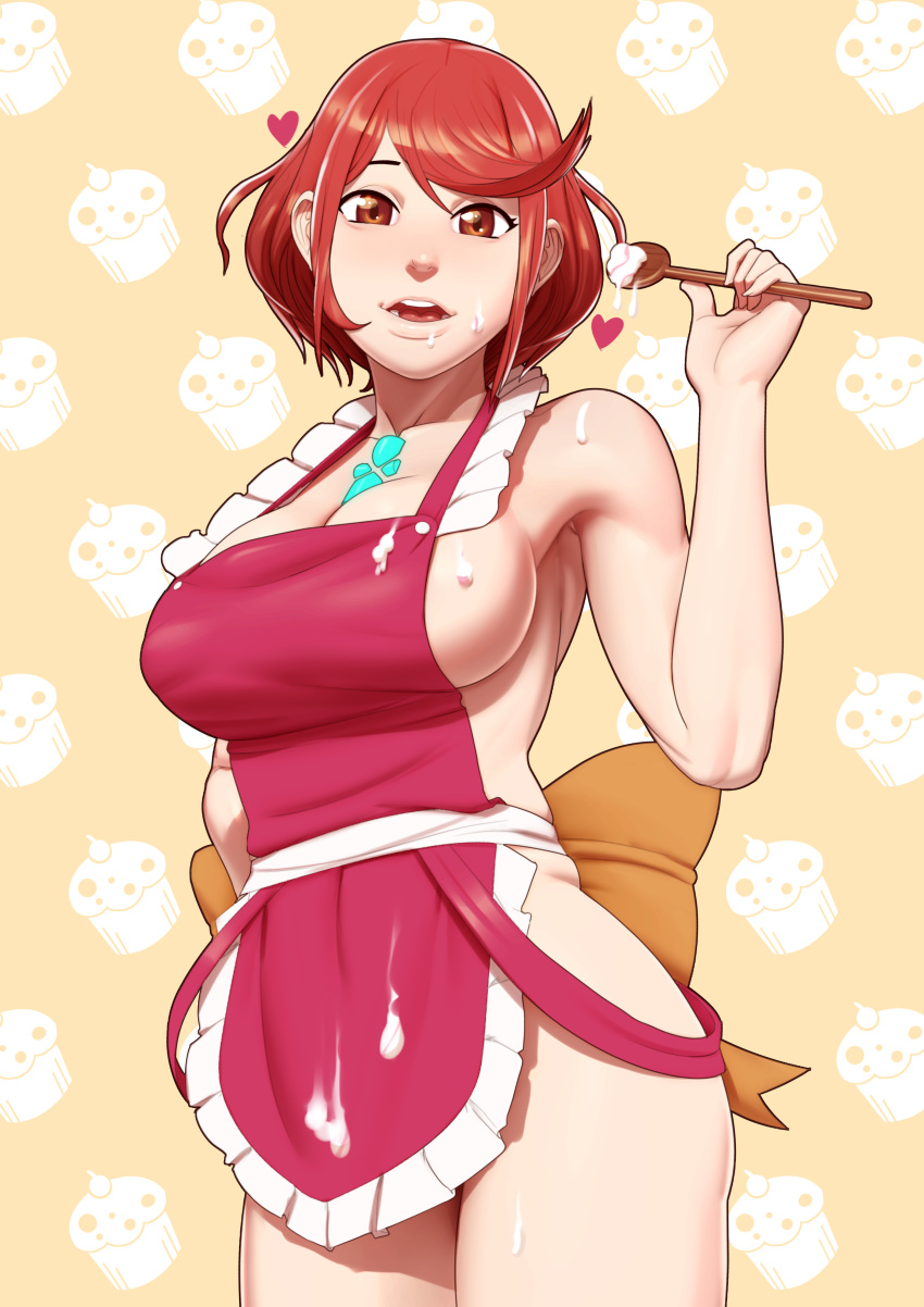 absurdres alternate_costume apron bad_id bad_pixiv_id bangs bare_shoulders breasts cowboy_shot cream cupcake food highres holding holding_spoon homura_(xenoblade_2) john_doe large_breasts looking_at_viewer naked_apron open_mouth red_eyes red_hair short_hair sideboob solo spoon swept_bangs wooden_spoon xenoblade_(series) xenoblade_2