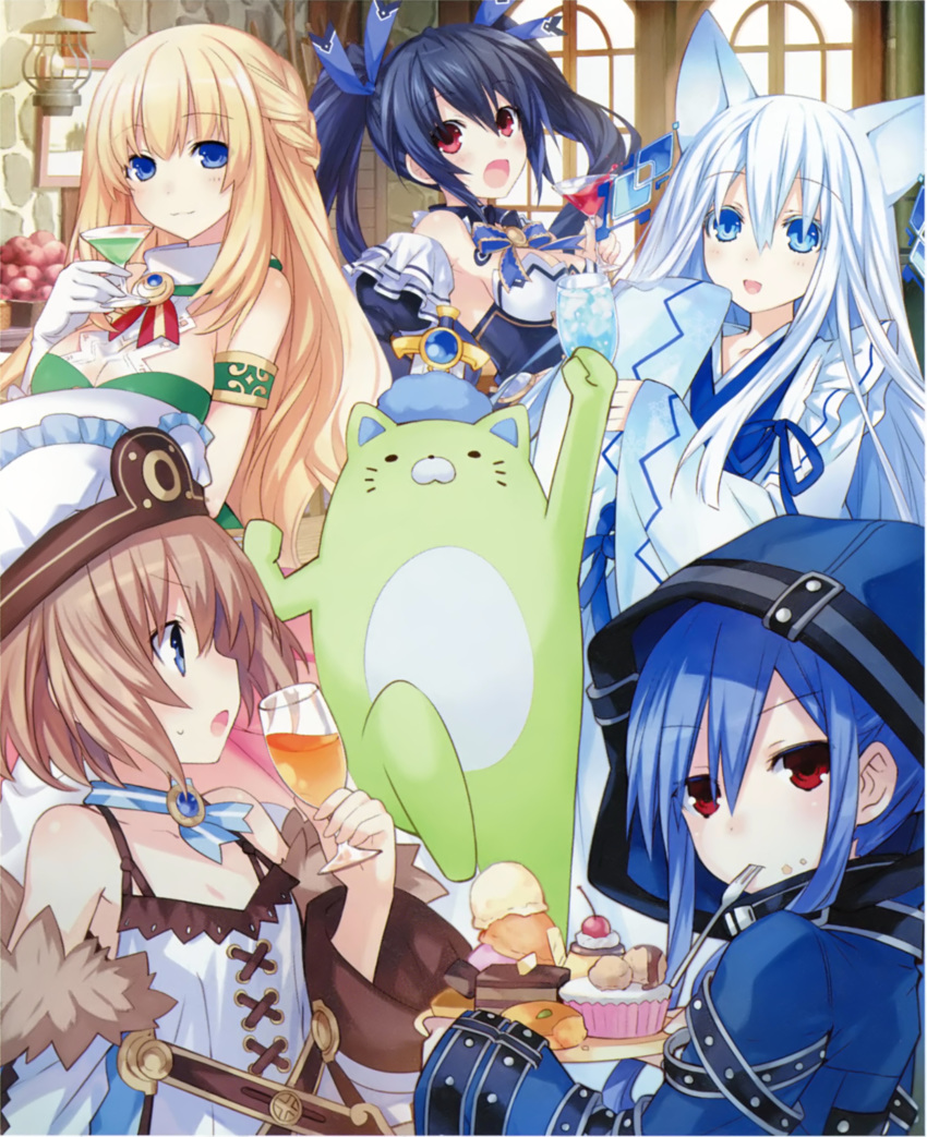 alcohol animal_ears bare_shoulders black_hair blanc blonde_hair blue_eyes blue_hair blush braid breasts brown_hair cake cleavage cup drinking_glass eating effole_(fairy_fencer_f) fairy_fencer_f food food_on_face fork fork_in_mouth hair_ornament hat highres holding holding_cup hood hoodie karin_(fairy_fencer_f) long_hair looking_at_viewer medium_breasts multiple_girls neptune_(series) noire non-web_source open_mouth plate red_eyes ribbon short_hair skirt small_breasts smile tsunako twintails vert white_hair wine wine_glass