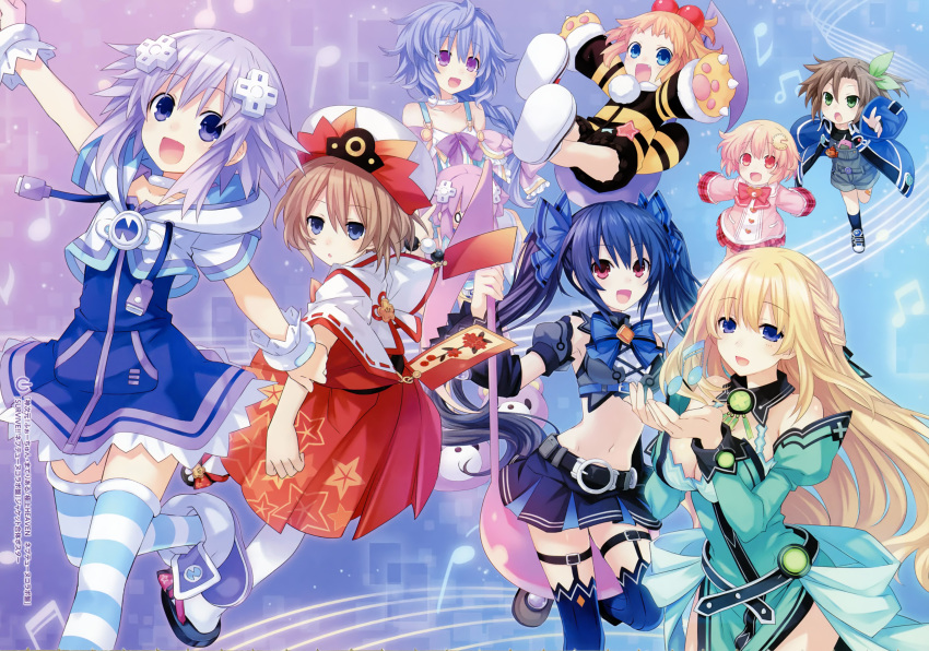 absurdres bare_shoulders beamed_eighth_notes beamed_sixteenth_notes black_hair blanc blonde_hair blue_eyes blush bow braid breasts brown_hair compa d-pad d-pad_hair_ornament dress eighth_note fang green_eyes hair_ornament hairband hat highres if_(choujigen_game_neptune) kami_jigen_game_neptune_v long_hair looking_at_viewer multiple_girls musical_note neptune_(choujigen_game_neptune) neptune_(series) noire non-web_source official_art open_mouth phone pish purple_eyes purple_hair pururut quarter_note red_eyes ribbon short_hair small_breasts smile staff_(music) striped striped_legwear sweater thighhighs tsunako twintails vert very_long_hair